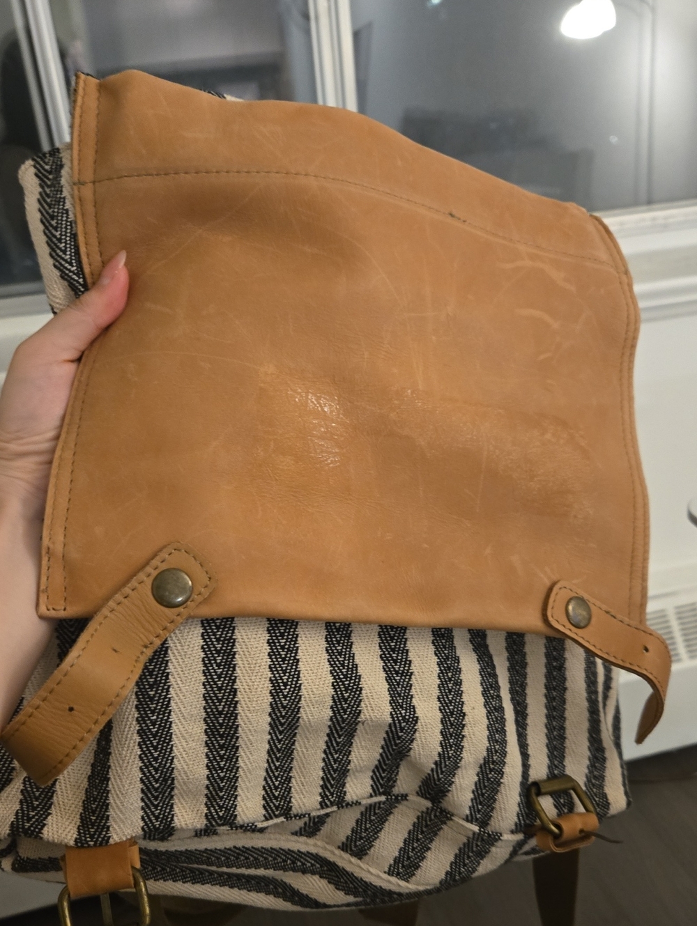 Leather and Striped Canvas Men’s Messenger Bag - Tan